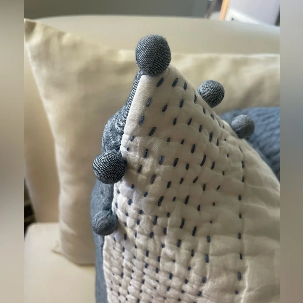 Serena & Lily Sham Ryebrook Dusty Blue White Pom Pom Euro Square